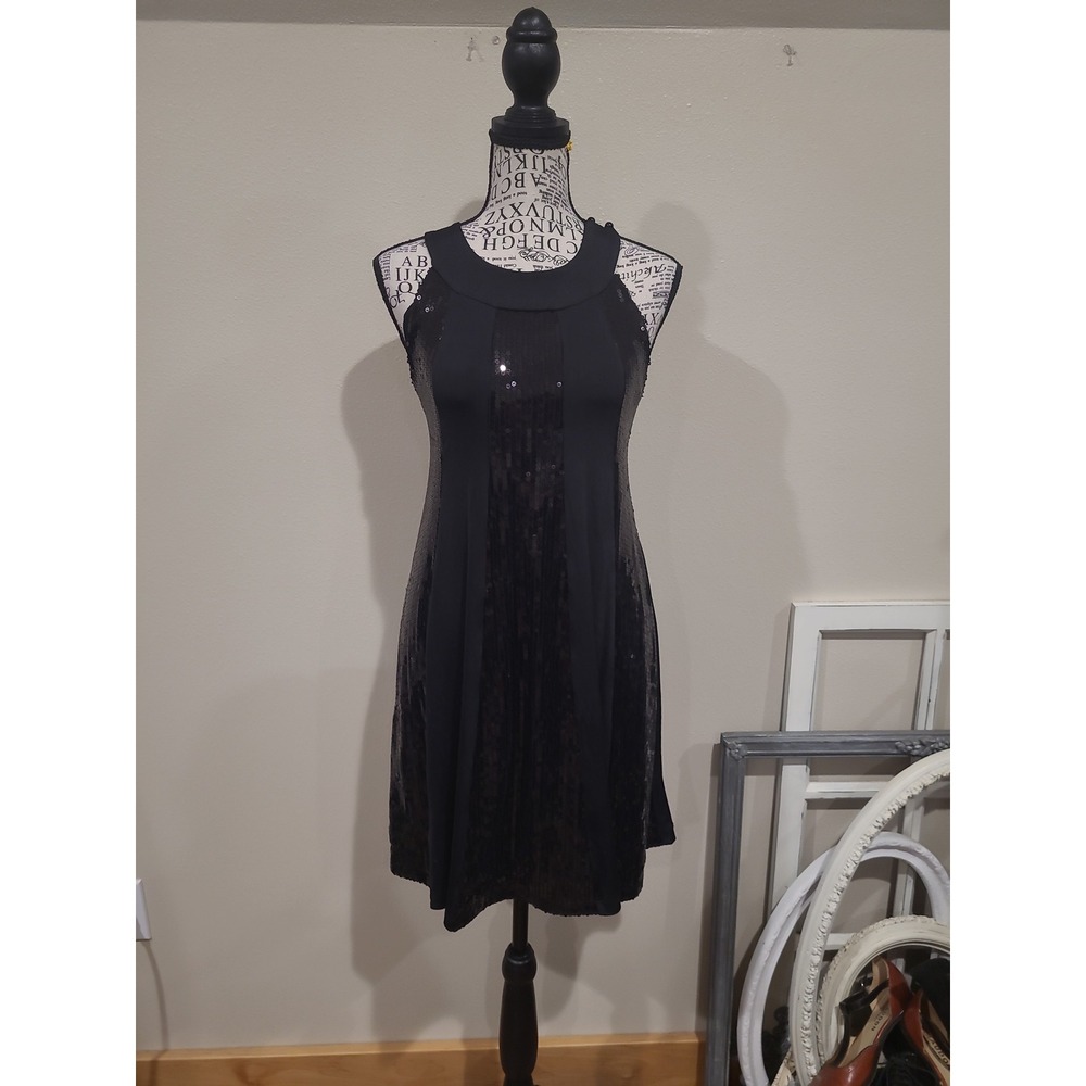CO-ME COMO Women SZ S little‎ black Sequin T back dress flare mini holiday party